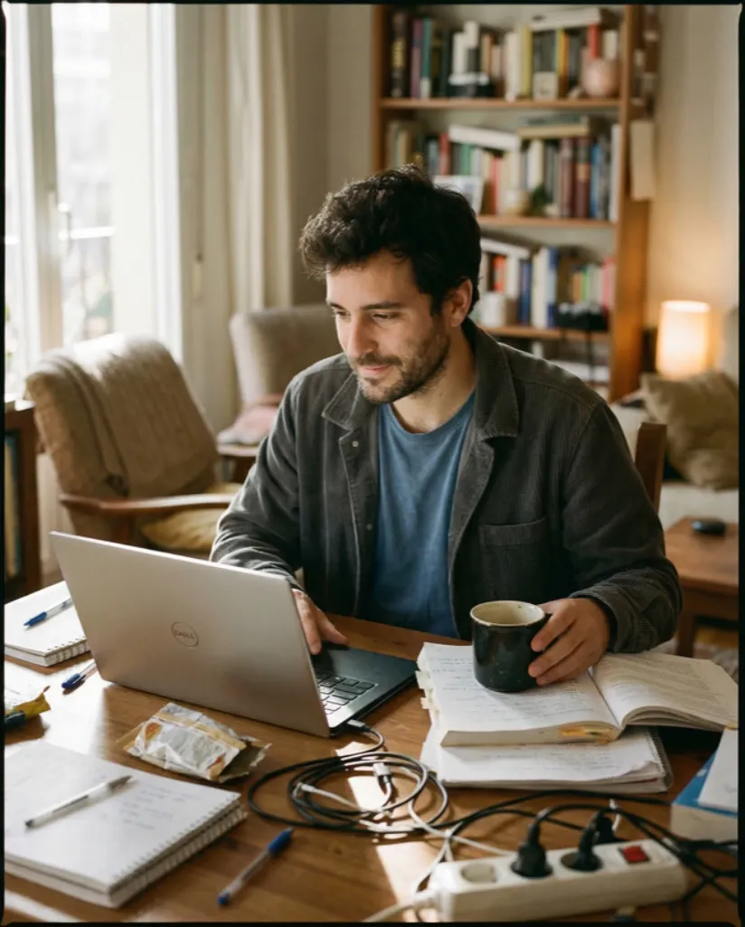 Adulto estudiando para Aptis en su casa