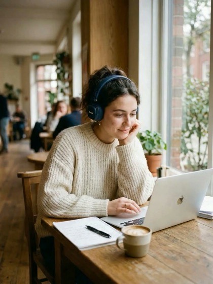Estudiante preparando el Aptis General en una cafetería
