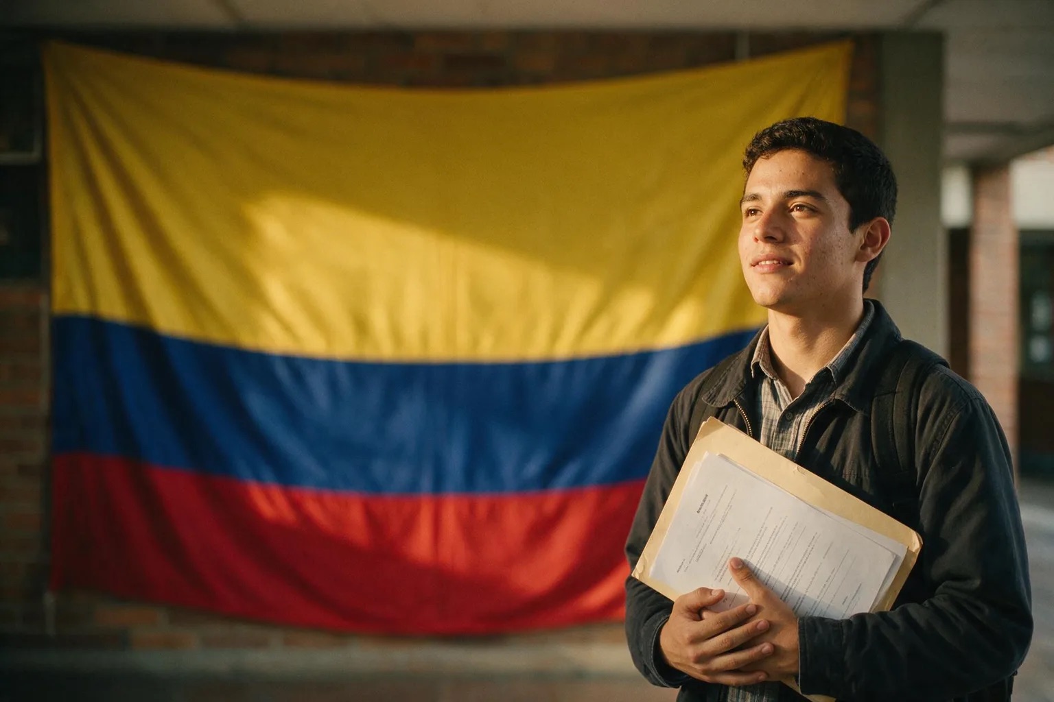 Estudiante universitario colombiano con una carpeta de documentos delante de una bandera de Colombia