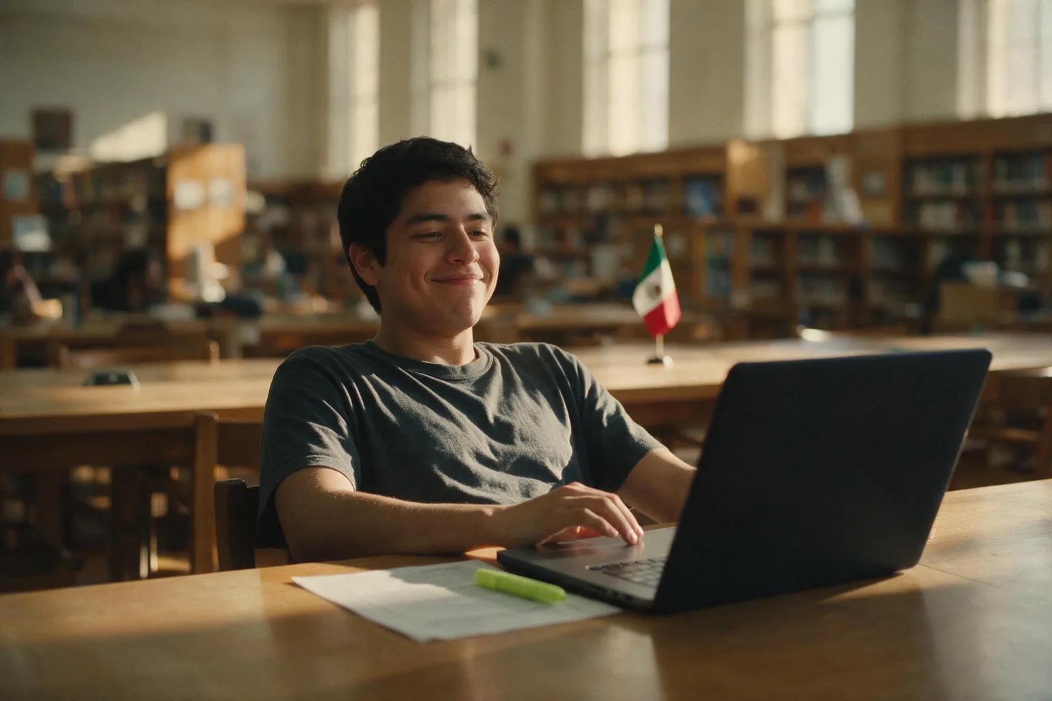 Estudiante mexicano preparando el examen en la biblioteca de su universidad