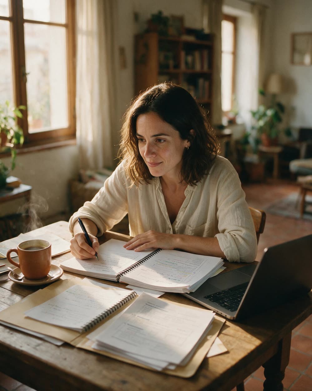 Mujer preparando el Aptis en casa, tomando apuntes junto al temario y el portátil