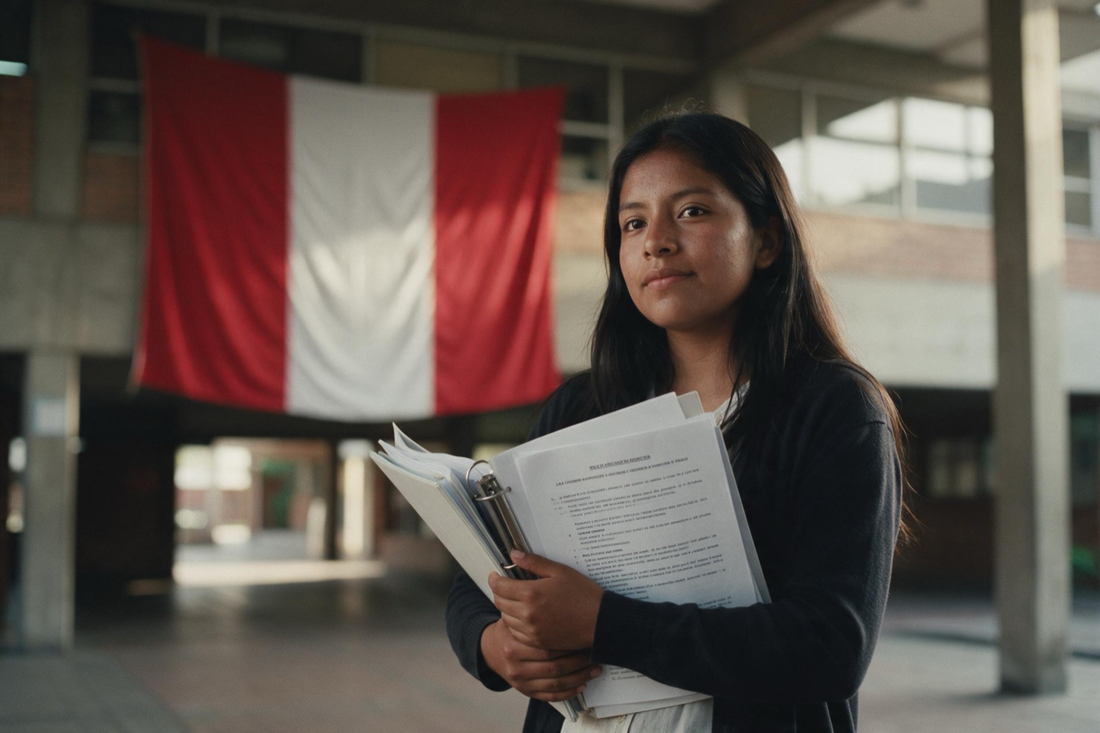 Estudiante peruana repasando inglés para el Aptis con el reglamento de su universidad abierto sobre la mesa