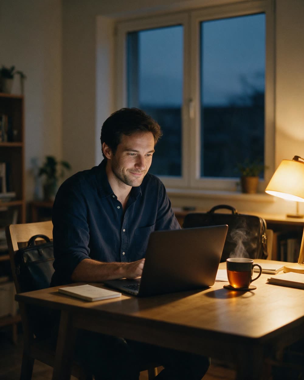 Hombre preparando el Aptis en casa por la noche, después de la jornada de trabajo