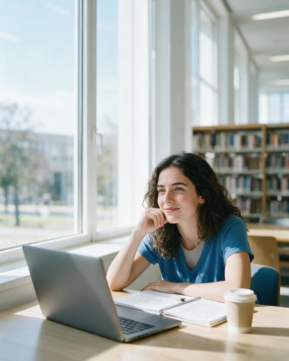Estudiante preparando el Aptis con el portátil en la biblioteca de la universidad